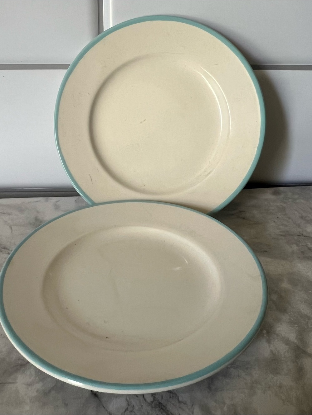 White Ceramic Small Saucer Plate with Light Blue Rim - Set of 2